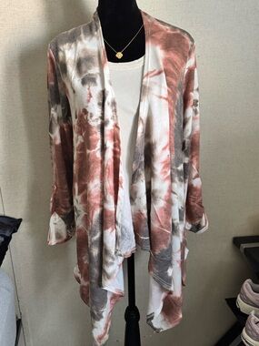 Mystree Tie-Dye Open Front Cardigan - Rust, Gray & White